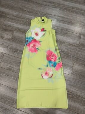 New Karl Lagerfeld Paris Lime Green Floral Mock-Neck Maxi Dress 12